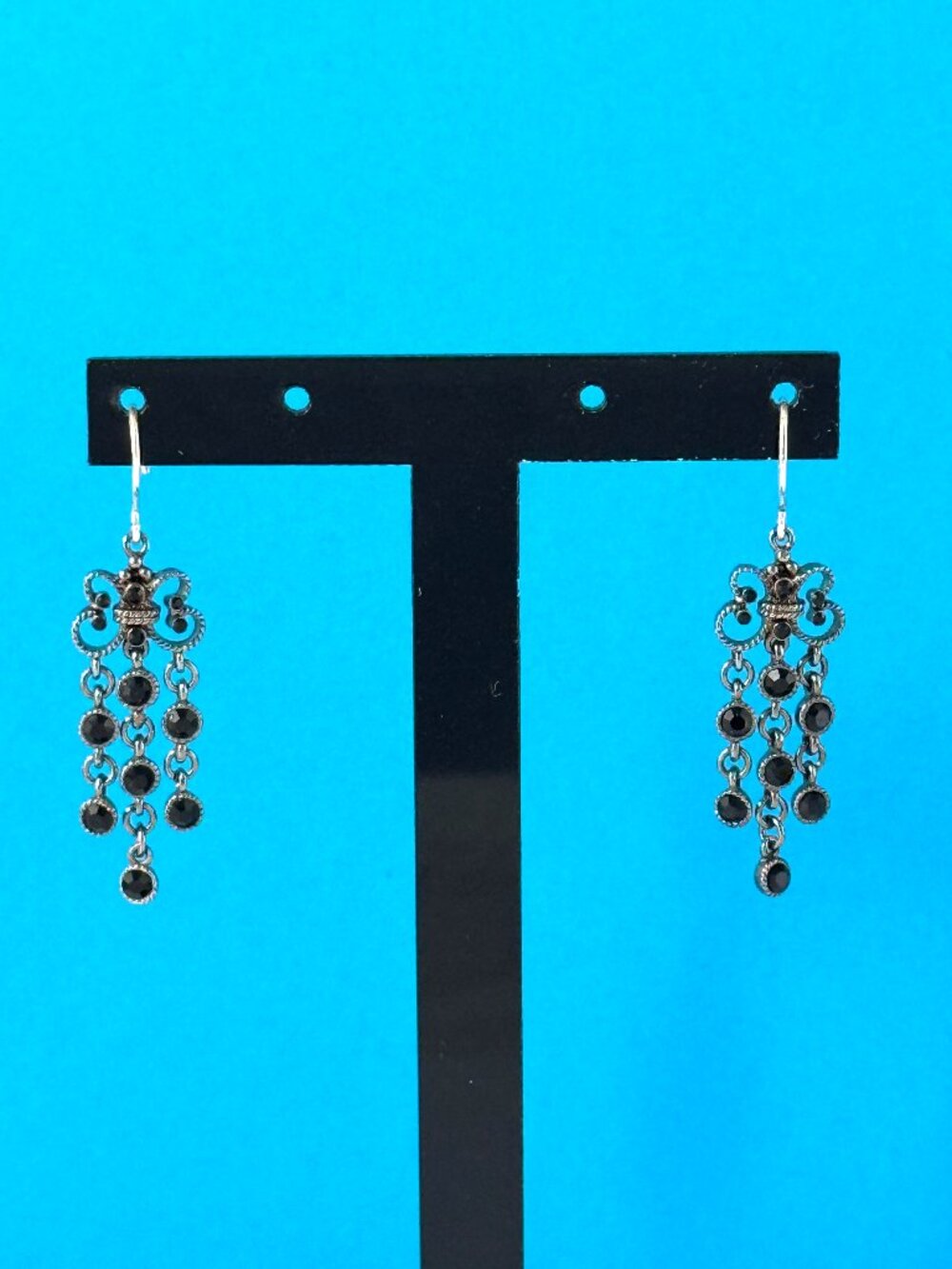 Vintage Monet Chandelier Earrings Black Rhinestone Tiered Dangle Silver Tone